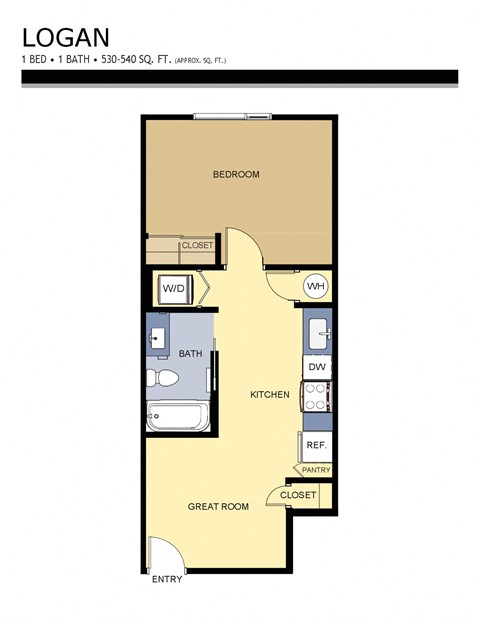 Floor plan for 1 bed, 1 bath, 540 sqft